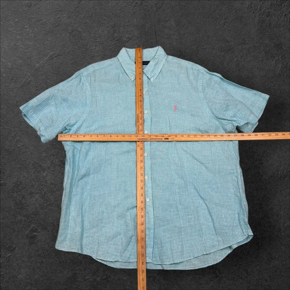 Ralph Lauren Mens‎ Blue White Gingham Linen Short Sleeve Button Down Shirt XXL